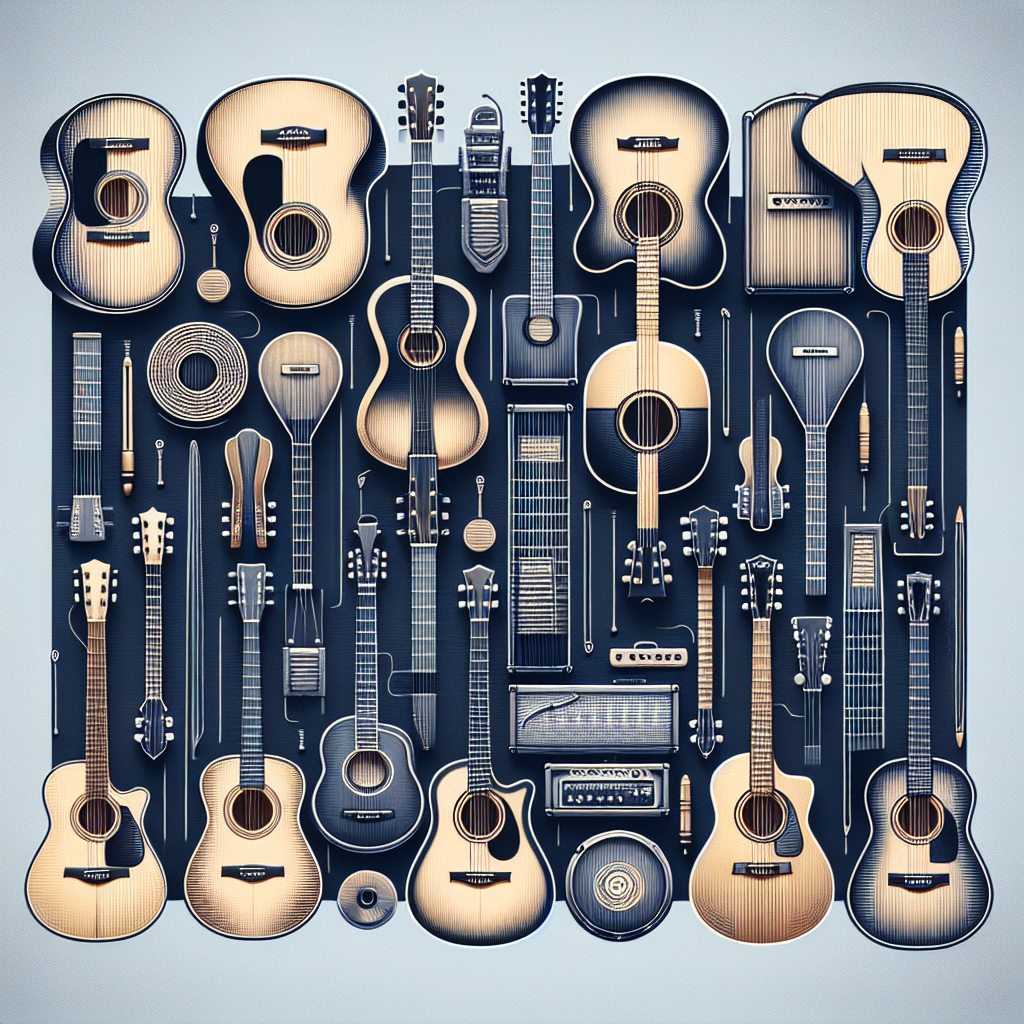 Imagem de diferentes tipos de violão, incluindo violões acústicos, clássicos e elétricos, com cordas de nylon e aço, representando a escolha ideal para iniciantes e músicos experientes.
